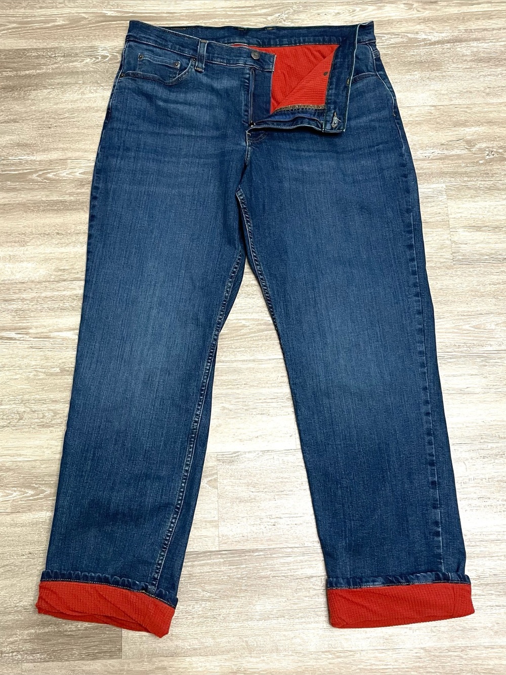 LL Bean 1912 Lined Jeans Mens 36x32 Medium Wash Red Waffle Knit Thermal Winter